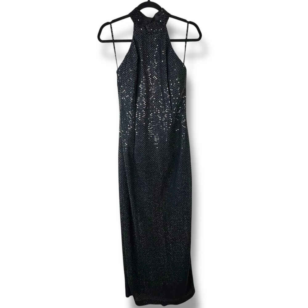 Vintage Roberta Midnight Black VTG Sequin Halter Open Back Sleeveless Maxi Gown - Picture 2 of 8